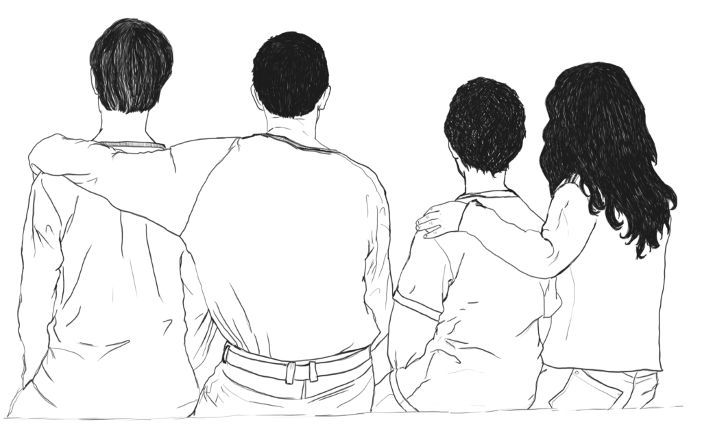 Vier Personen sitzen nebeneinander. Eine Person hat der Person neben sich den Arm auf die Schulter gelegt.