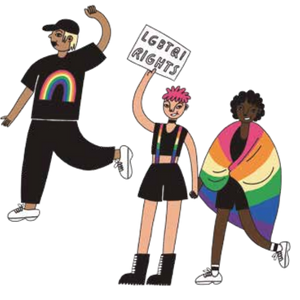 Personen mit Regenbogenfahnen und Schild demonstrieren für LGBTIQ-Rechte