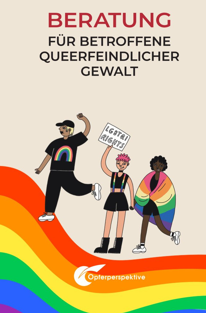 Vorschaubild: Flyer "Beratung für Betroffene queerfeindlicher Gewalt" (deutsch)