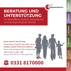 Cover Flyer "Beratung und Unterstützung für Betroffene rechter, rassistischer und antisemitischer Gewalt".