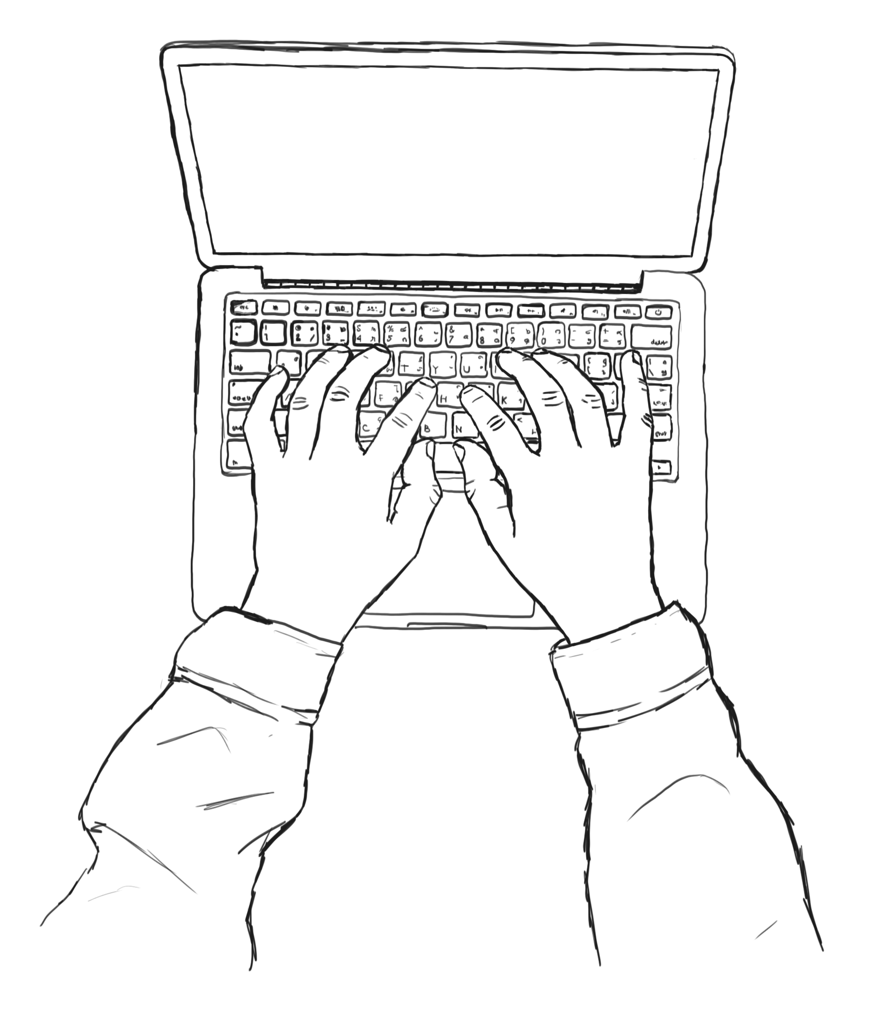 Zu sehen ist ein aufgeklappter Laptop, zwei H&auml;nge liegen auf der Tastatur und tippen.