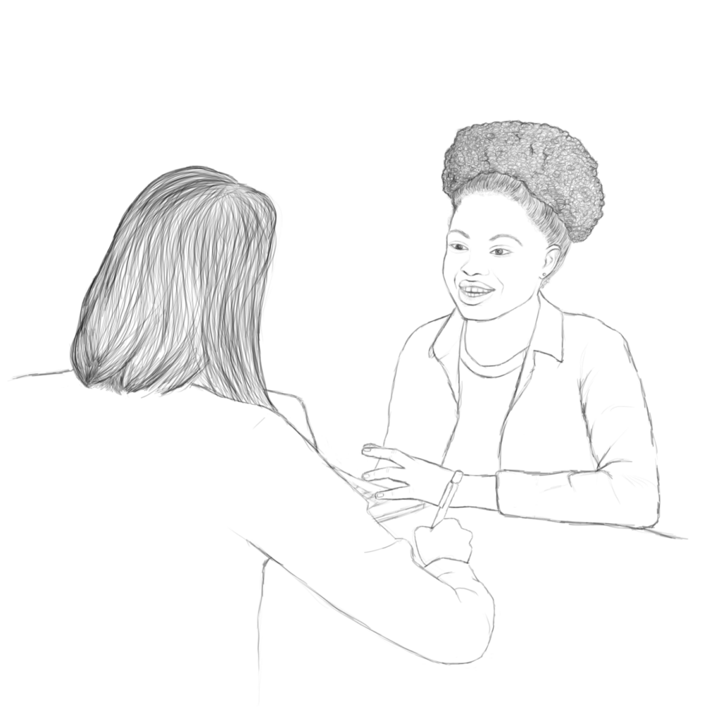 Zwei Personen sitzen sich gegen&uuml;ber im Gespr&auml;ch. Eine Person ist nur von hinten zu sehen, sie h&auml;lt einen Stift in der Hand, die andere von vorne, sie hat einen Laptop vor sich.