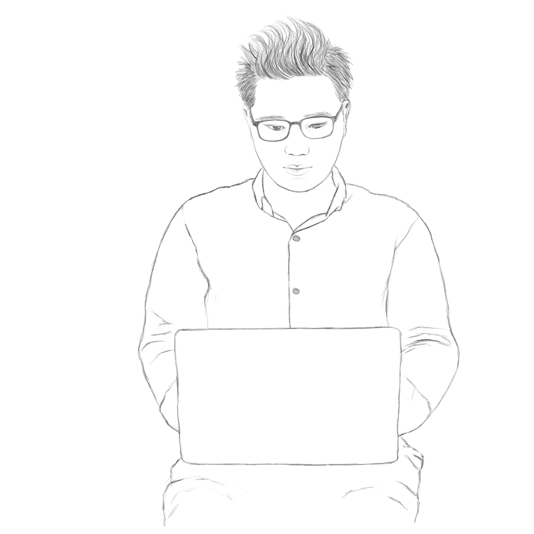 Eine Person sitzt und hat einen aufgeklappten Laptop vor sich.